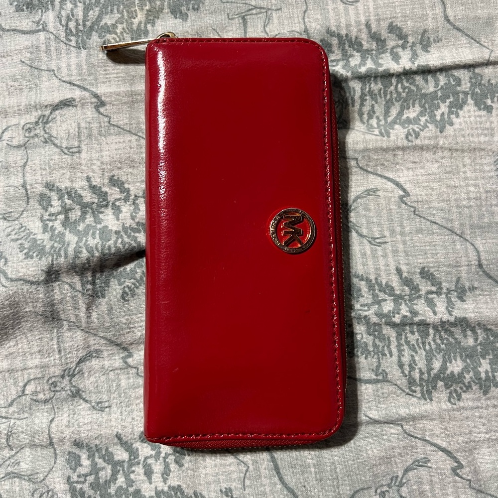 Michael Kors Red Leather Wallet with Gold Zipper
